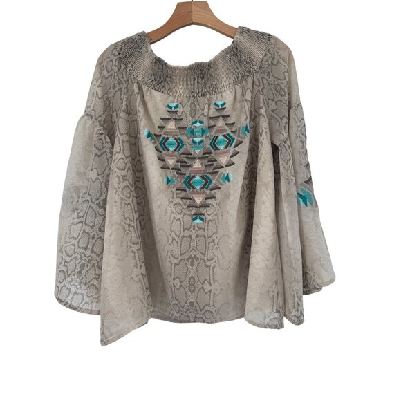 Judith March Snake Print Off Shoulder Blouse Embroidered Tribal  Size large - Picture 1 of 5